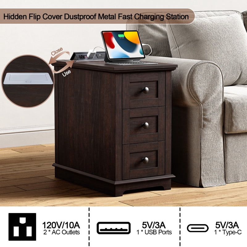 PLAMLE End Table with 3 Drawers for Living Room,Nightstand Sofa Side Table with Charging Station,End Table.