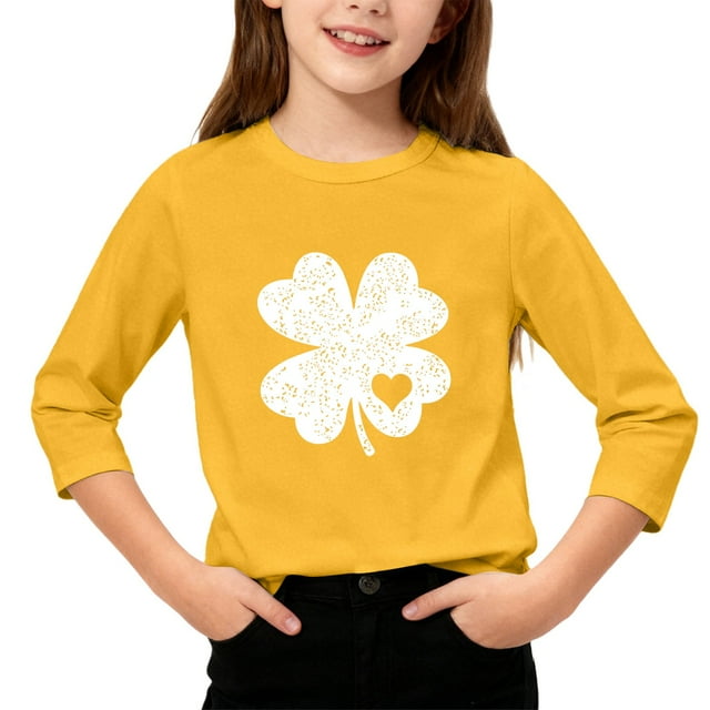 T-Shirt Fille Fête de la Saint-Patrick, Mignon T-Shirt Graphique à Manches 3/4 Col Rond avec Imprimé Irlandais, Hauts Décontractés Printemps Été pour Vacances, Fête d'Anniversaire et Usage Quotidien Jaune 150