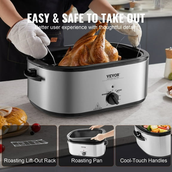 High-Capacity Electric Roaster Oven, 24QT/1450W, Perfect for Turkeys up to 28 LBS, Features Self-Basting Lid, Defrost & Keep Warm, Adjustable Thermostat, Silver