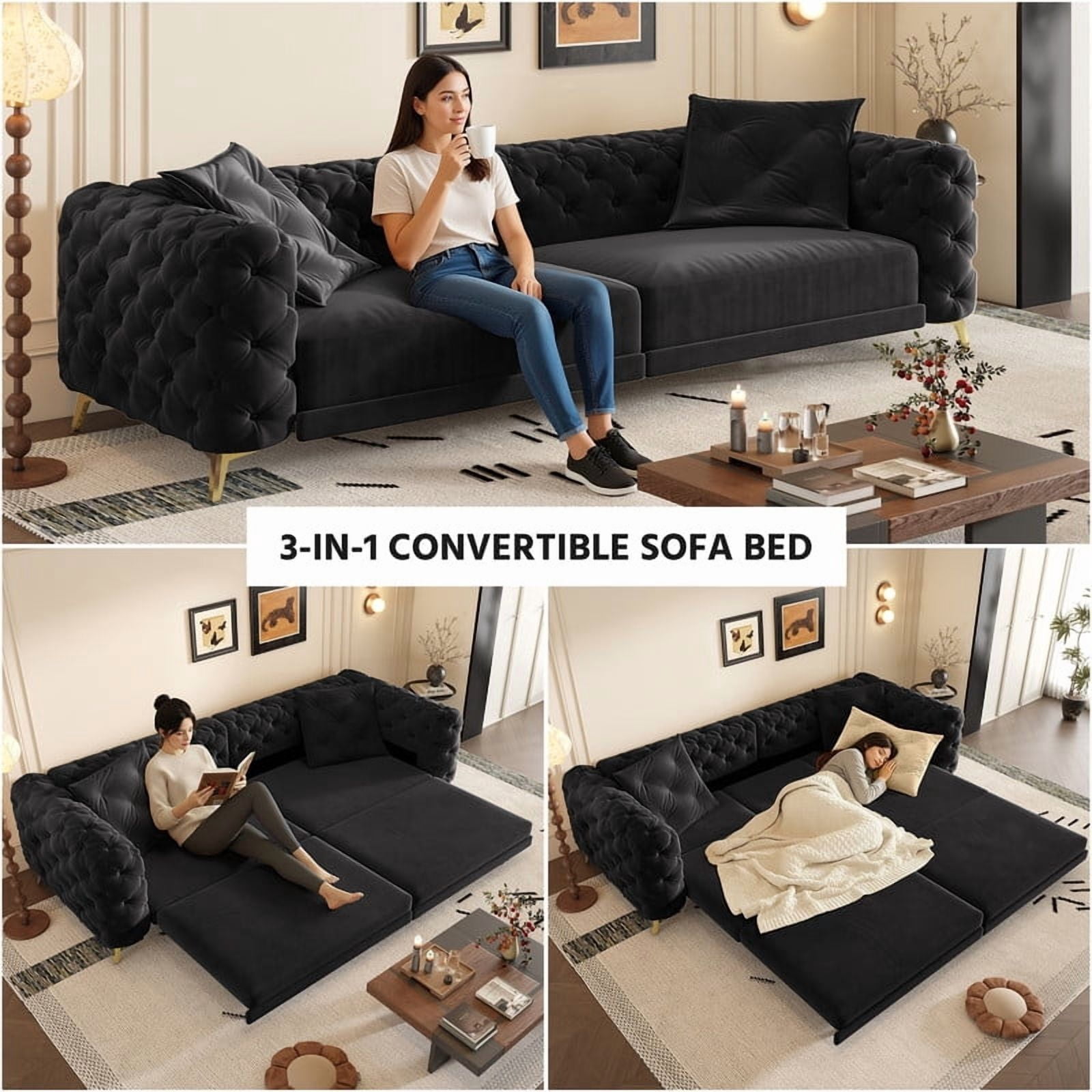 3-in-1 Convertible Sleeper Sofa Bed, 97.7'' 4-Seater Velvet Couch with Pull Out Bed & Movable Ottoman, Deep Seat Tufted Futon for Living Room, Apartment & Office