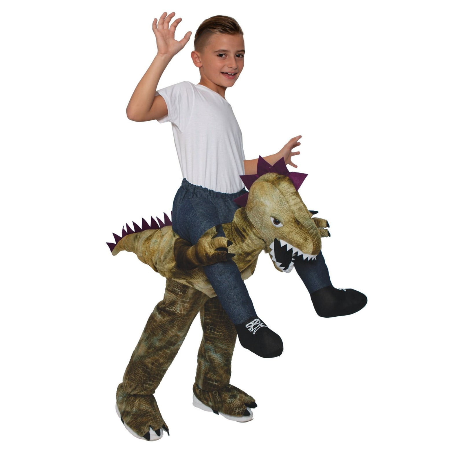 kid riding a dinosaur costume