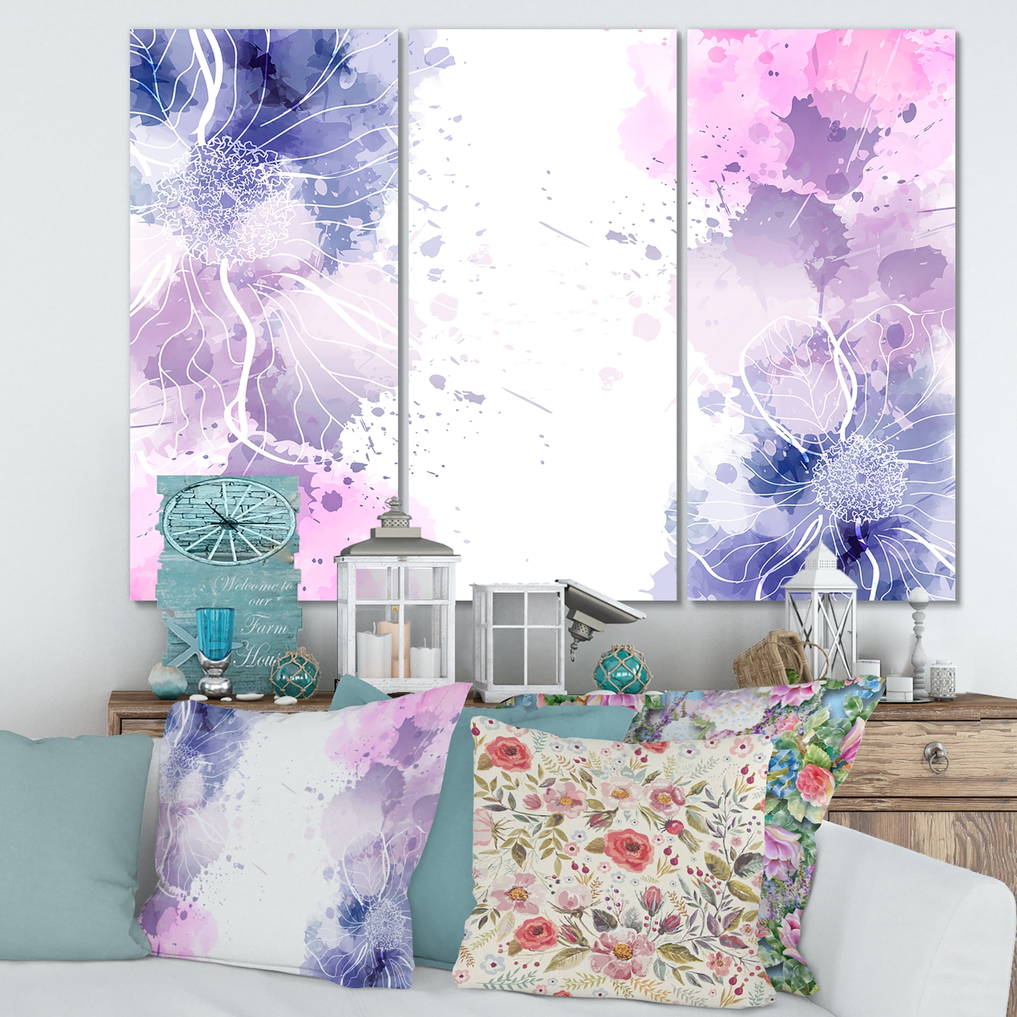 Designart ' Pink and Purple Abstract With Colorful Splashes I ' Modern Canvas Wall Art Print