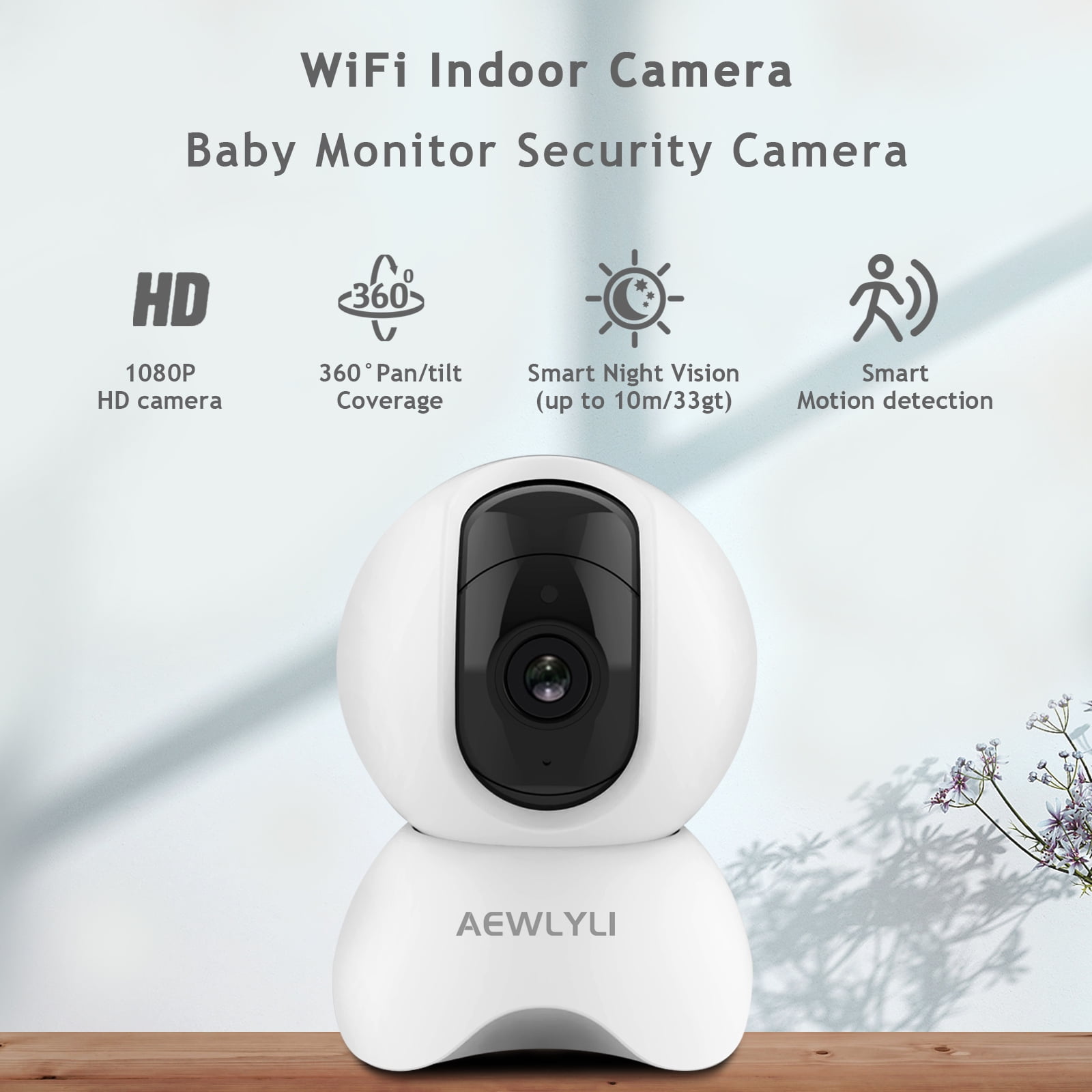 AEWLYLI Baby Monitor Security Camera, 360° 1080P HD WiFi Camera, Night Vision for Baby, Pet Dog and Elderly