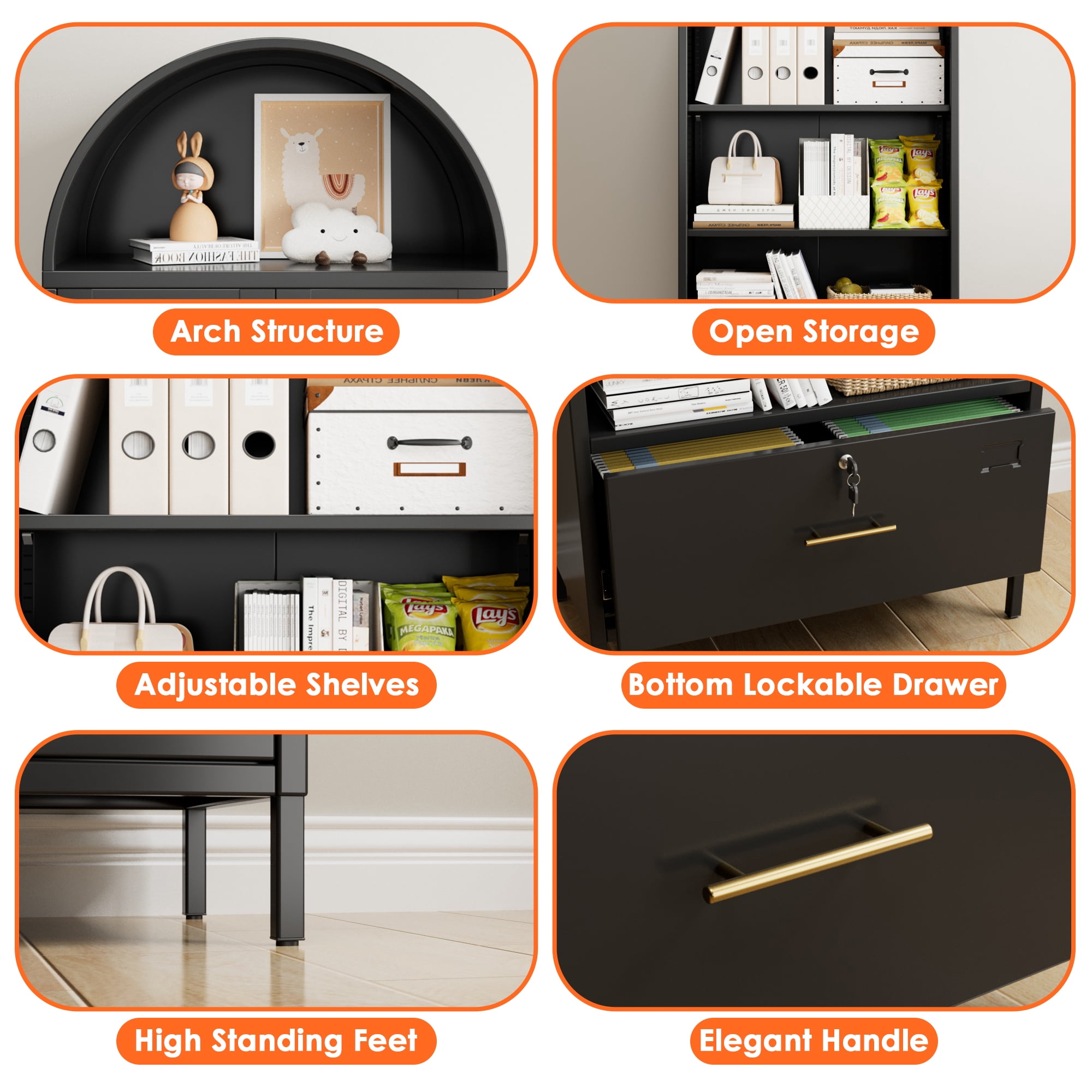 Aobabo Metal Arched Bookshelf Cabinet with Lockable Drawers,Arch Display Bookcase File Cabinet with Shelves for Home Office Living Room Black,Assembly Required