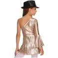 thumbnail image 2 of inlzdz Girls 3Pcs Groovy Jazz Dance Disco Outfit Metallic One Flared Sleeve Leotard with Tassel Skirt Sequin Hat Set Camel 8, 2 of 7