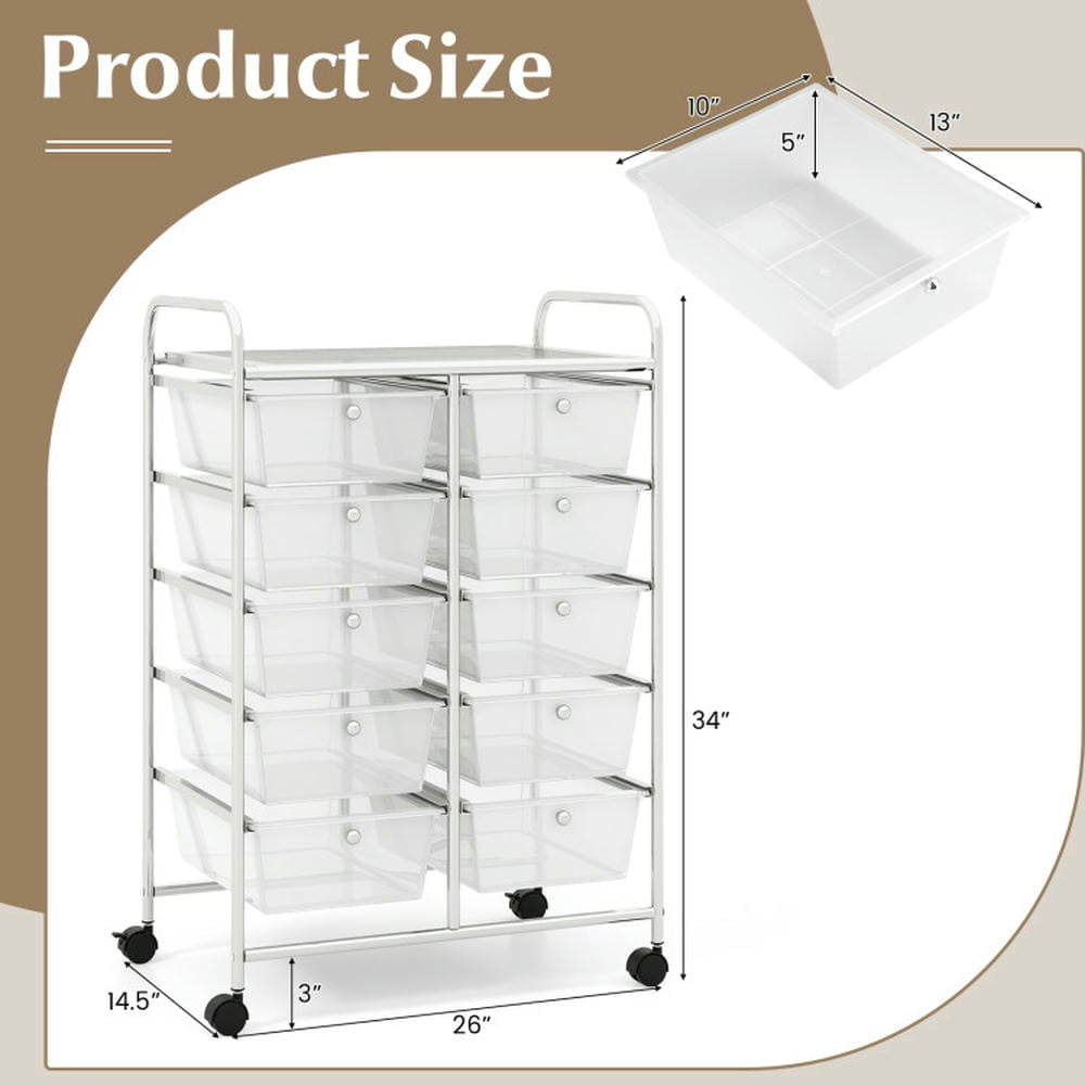 Spaco 10-Drawer Rolling Storage Cart-Transparent, Craft Organizers and Storage, Multipurpose Organizer Cart for Home, Office, School