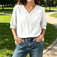 thumbnail image 5 of ITSAME Blouses for Women Button V-Neck Elbow Length Sleeve Shirts Ladies Loose Casual Tops White Size L, 5 of 6
