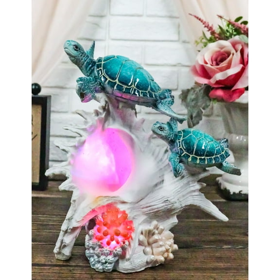 Colorful Nautical Sea Turtle Family Swimming By Big Conch With LED Light Statue