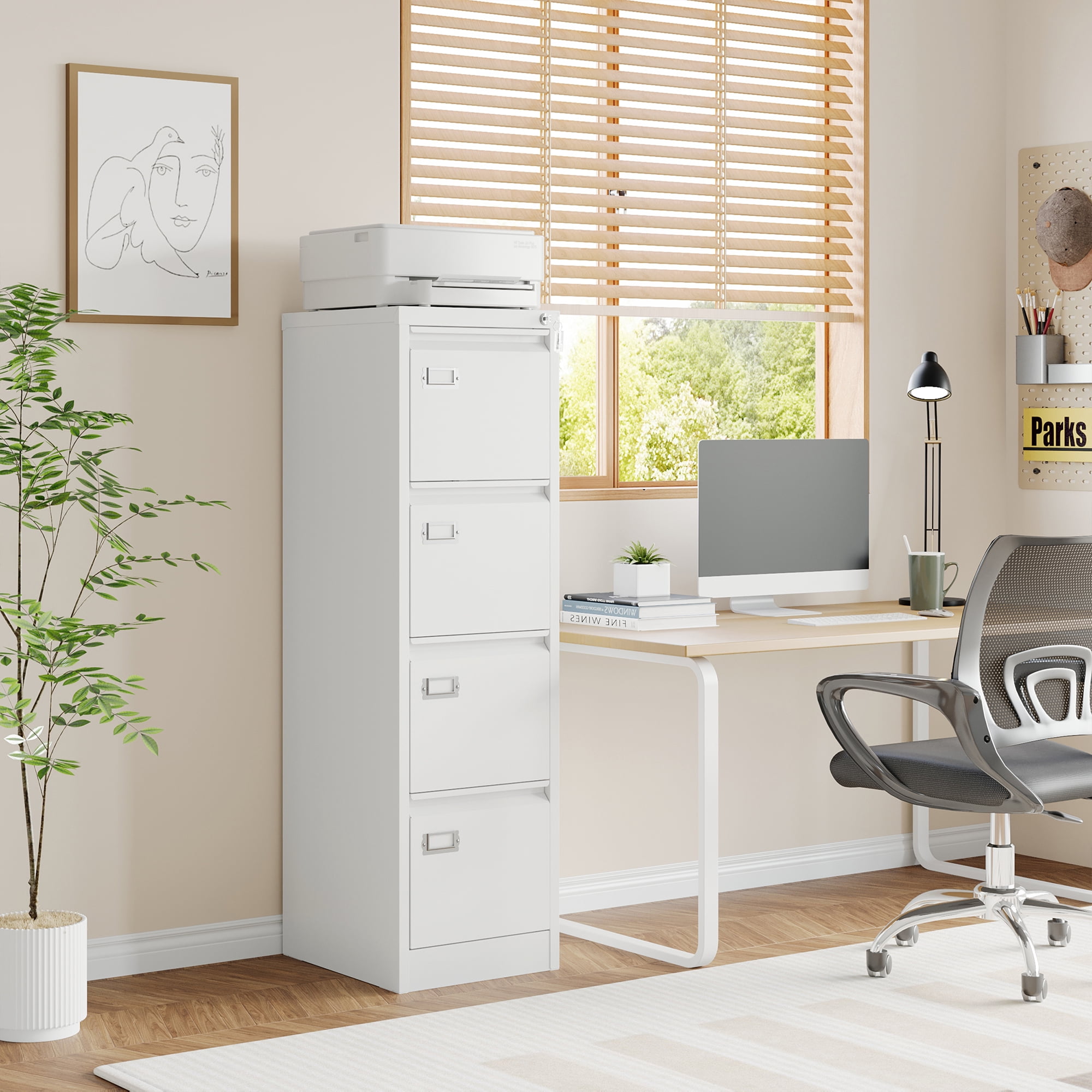 STANI 4 Drawer White File Cabinet with Lock, Vertical Filing Cabinets for Home Office, Metal Locking Office File Storage Cabinets with Drawers for Legal/A4