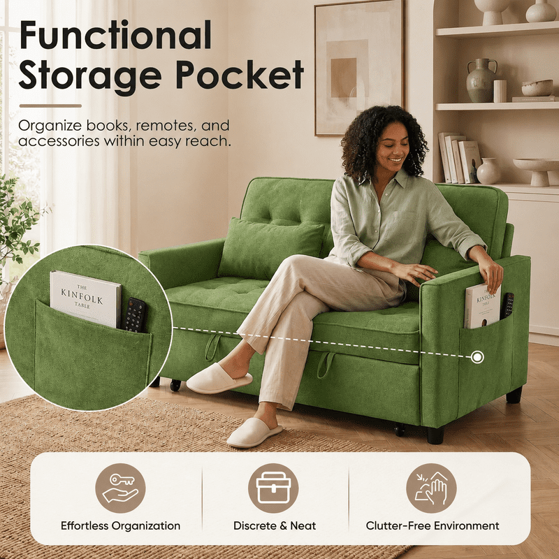 3-in-1 Convertible Sofa Bed with USB Charging Ports, Pull-Out Sleeper Sofa with Adjustable Backrest and Side Pocket, Compact Loveseat Couch for Living Room, Apartment, Dorm