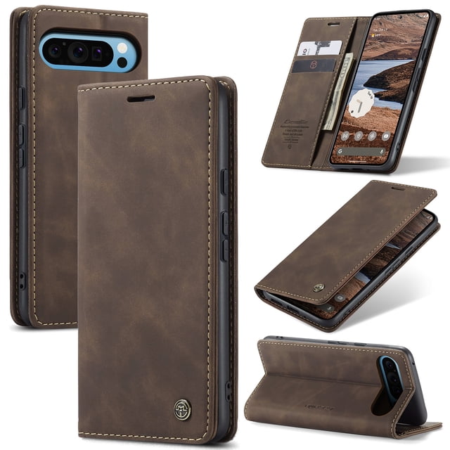 CaseMe Leather for Google Pixel 9 Pro XL Case, Flip Wallet Leather Case with Card Holder Magnetic Closure Shockproof Kickstand Protective Phone Cases Cover for Google Pixel 9 Pro XL,Coffee