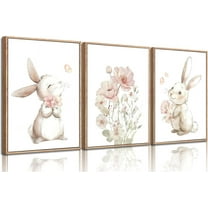 Hieng Pink Girl Nursery Bunny Canvas Wall Art Cute Rabbit Wildflowers Painting Pictures Wall Decor Botanical watercolor Flower Poster printing artwork