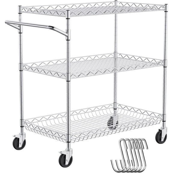 Kitchen Utility Cart, 3 Tiers, 6 Hooks,Wire Rolling Cart with 661 LBS Capacity, Steel Service Cart on Wheels, Metal Storage Trolley with 80 mm Deep Basket Curved Handle