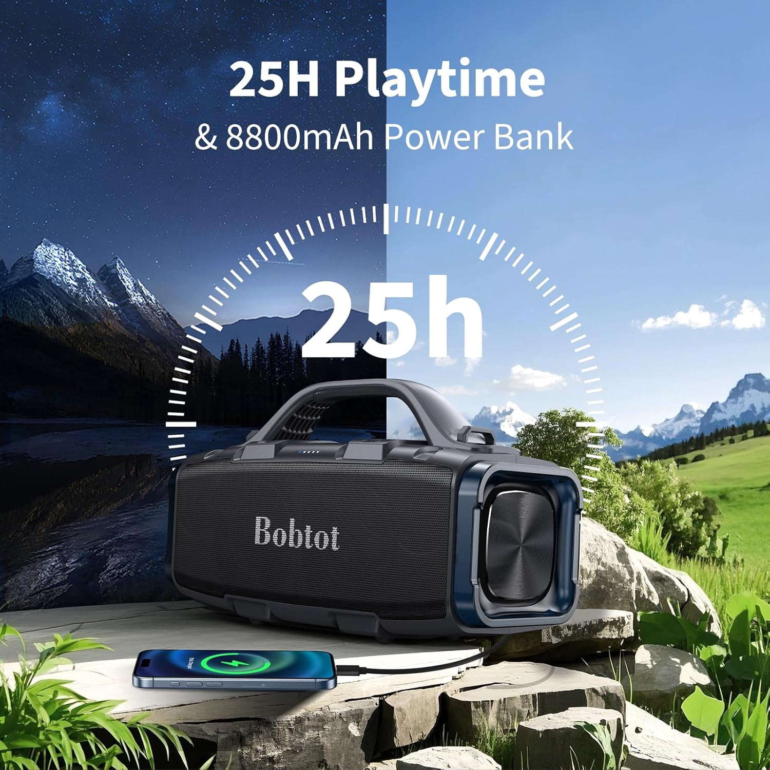 Bobtot Bluetooth Speaker with Deep Bass Basser,60 W Subwoofer,Built-in Mic 25H Playtime,IPX6 Waterproof Portable Wireless Speaker with Handle EQ Suitable for Outdoors, Camping,Beach
