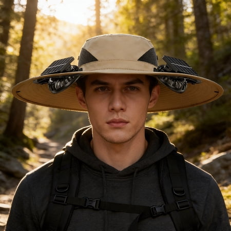 Solar Charging Fisherman Hat with Built-in Fan - Comfortable Breathable Sun Protection for Outdoor Activities B