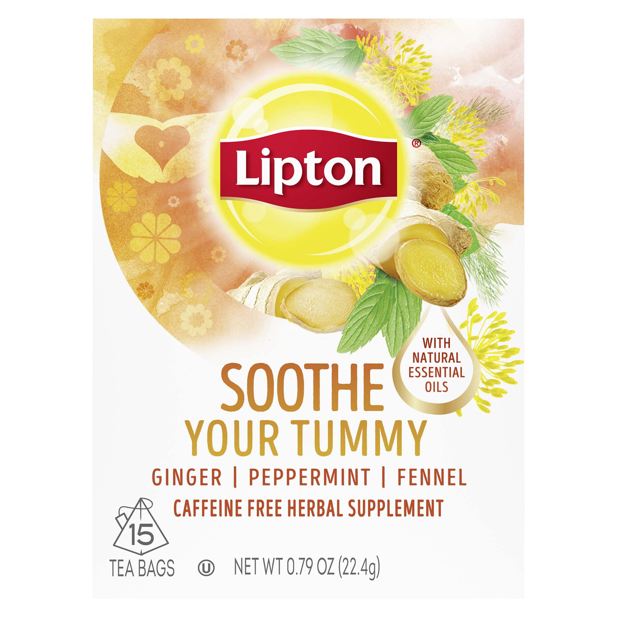 Lipton Soothe Your Tummy Herbal Supplement Tea Bags Ginger, Peppermint, and Fennel For a Soothing Hot Beverage Caffeine Free Tea Blend 15 Count