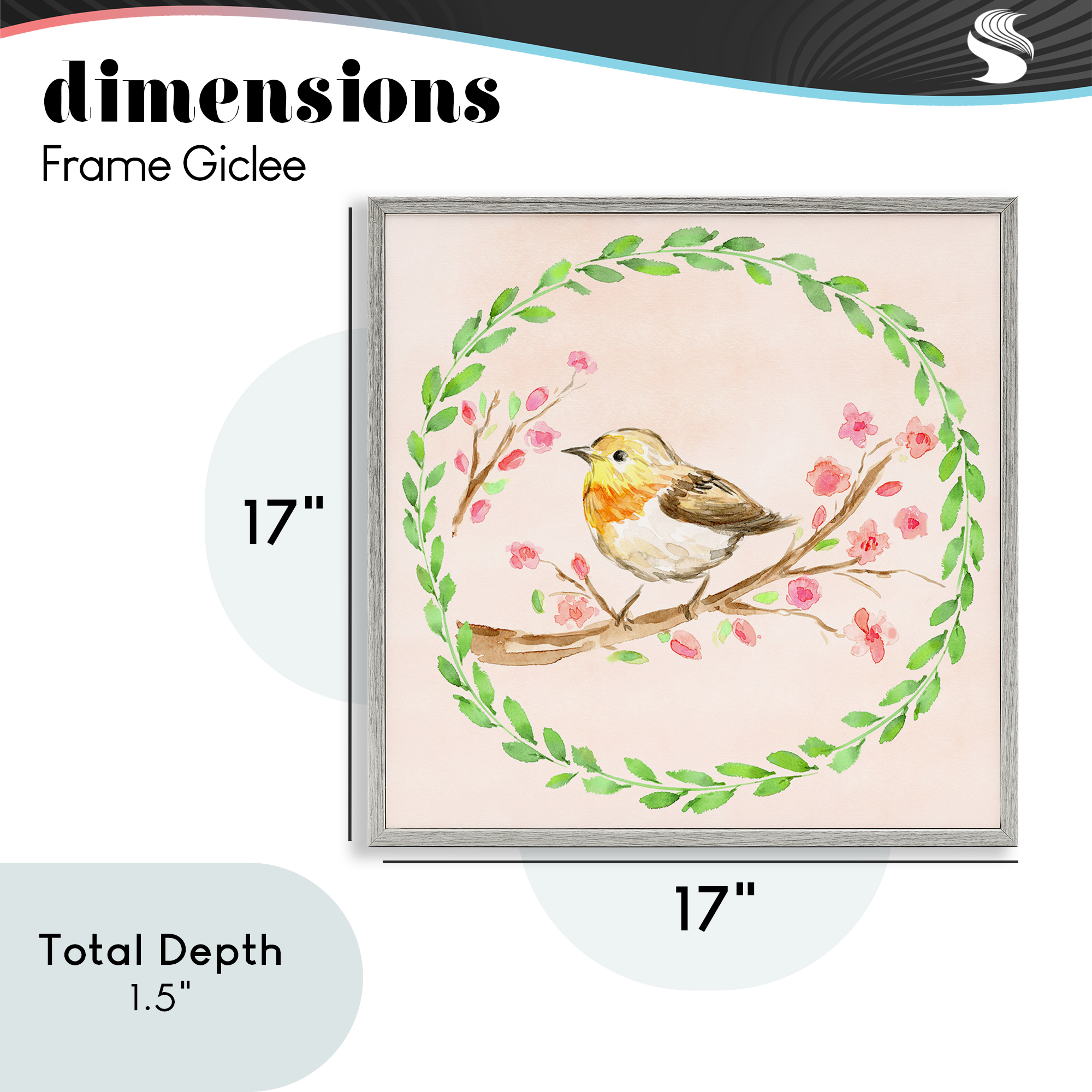 Spring Wreaths Bird Gray Framed Giclee Art, design by Elena Fay