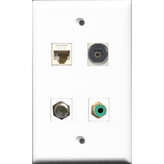 RiteAV 1 Port RCA Green and 1 Port Coax Cable TV- F-Type and 1 Port Toslink and 1 Port Cat6 Ethernet White Wall Plate