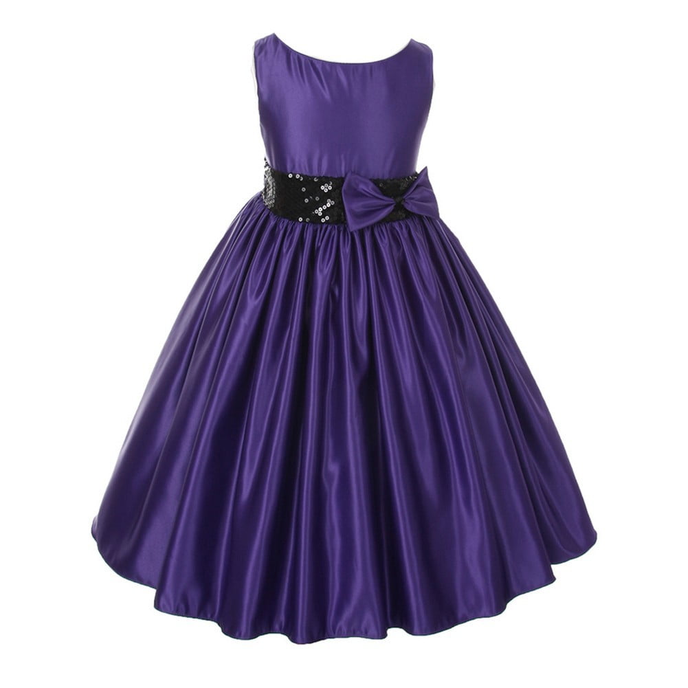 KiKi Kids USA Little Girls Purple Satin Black Sequin Waist Flower