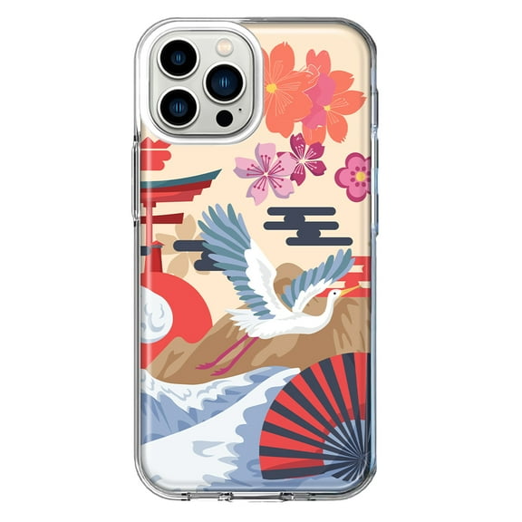 Mundaze - Case for Apple iPhone 12 Pro Max Slim Shockproof Hard Shell Soft TPU Heavy Duty Protective Phone Cover - Vintage Japanese Crane