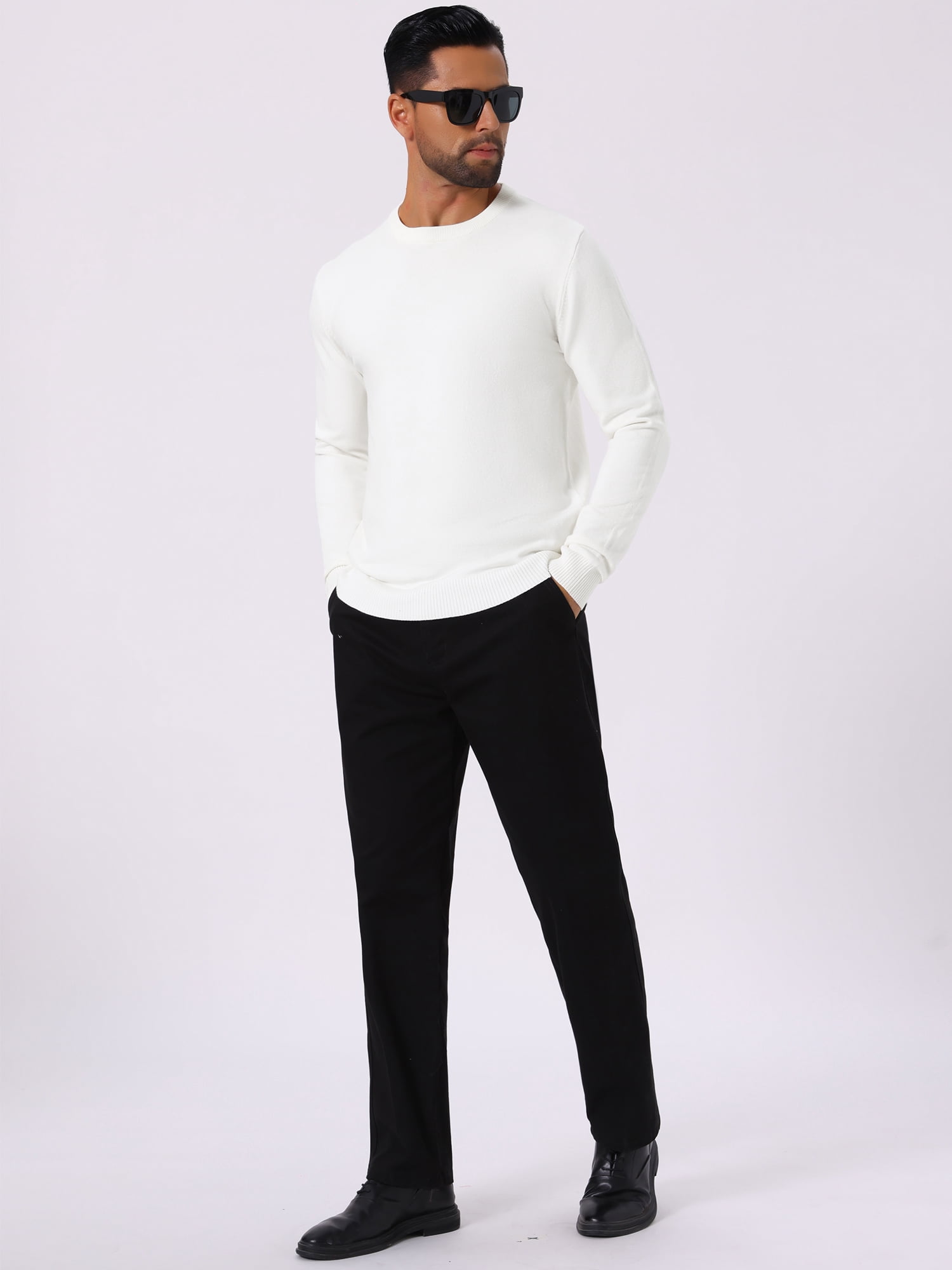 DARING DIVA Men's Solid Crew Neck Long Sleeve Soft Knit Pullover Sweater L White