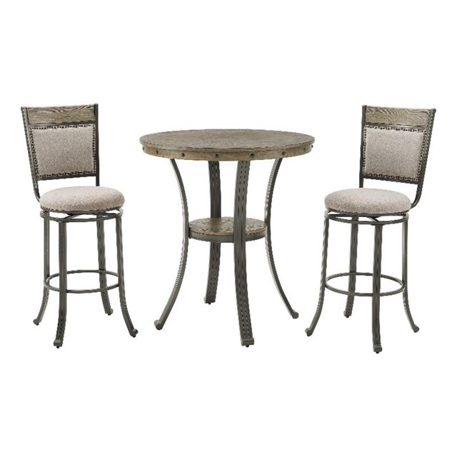 Linon Ensemble de Pub Rond 3 Pcs en Bois Gris Lavé Rembourré en Acier Étain