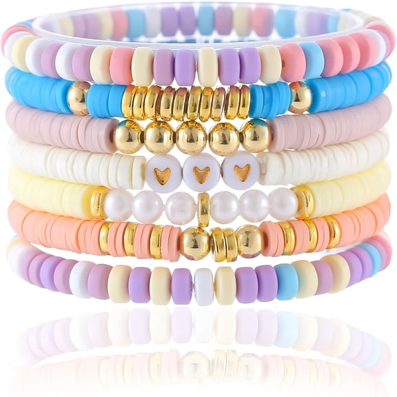 DESIGNICE Friendship Bracelets Trendy Heishi Clay Bead Bracelets Stack Gold Beaded Stretch Bracelets for Women Boho Stackable Bracelets Bulk Cute Preppy Jewelry