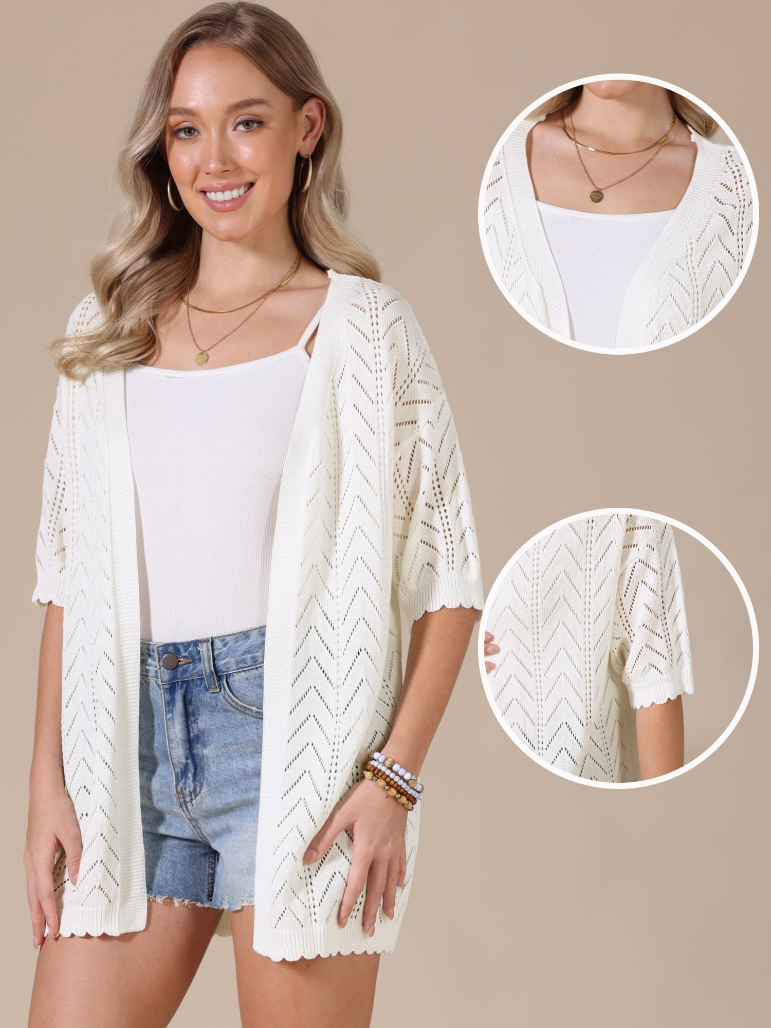 DARING DIVA Women's Lightweight Open Front Crochet Cardigan Sweaters L White