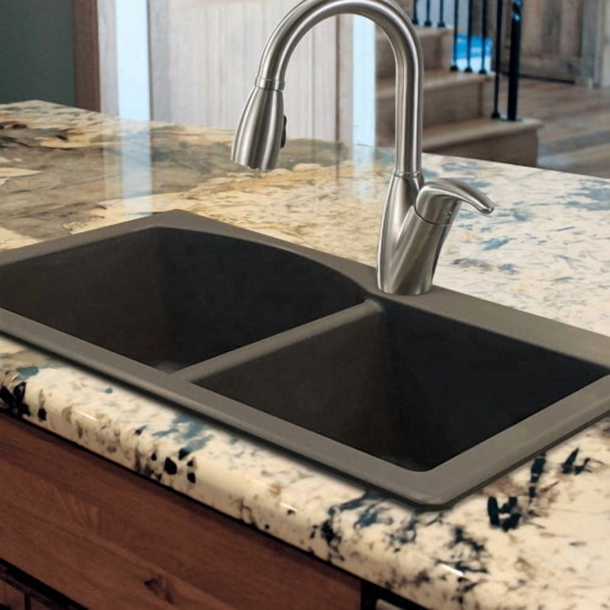 Transolid Aversa 33'' L x 22'' W Granite Double Offset Drop-in Kitchen Sink