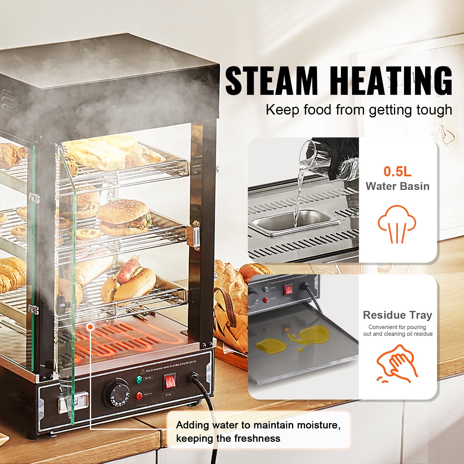 KFFKFF 3-Level Food Heating Showcase, 1000W with Illumination, Flexible Shelving & Temperature Control, 86℉~185℉ Steam Heat, 57L Capacity for Pizza, Burgers, Baked Goods, Fried Poultry