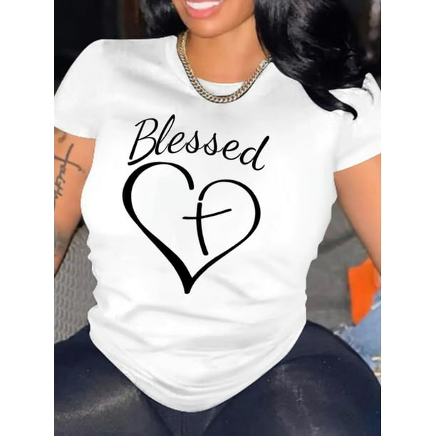 Blessed Heart & Cross Print T-shirt, Crew Neck Short Sleeve T-shirt For Valentine's Day Gifts, Women's Clothing Tee For Adult, Men, Women, Teen, Teenager, Adolescent, Youth