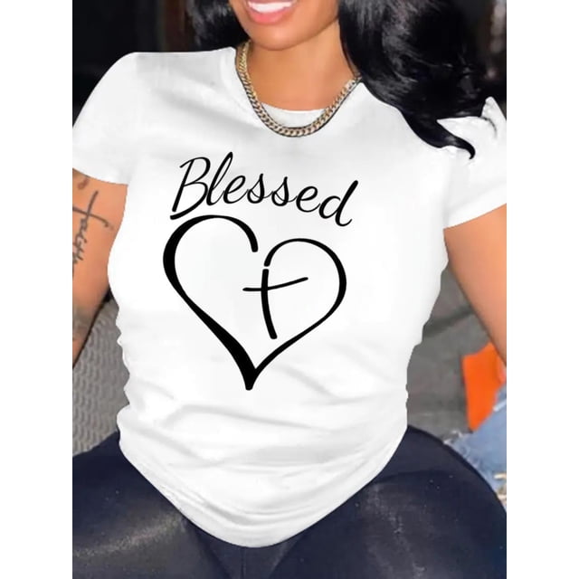 Camiseta con estampado de corazón bendito y cruz, cuello redondo y manga corta para San Valentín. Ideal para adultos, hombres, mujeres, adolescentes, jóvenes y deportes casuales.