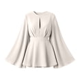 thumbnail image 4 of Karymi Solid Satin Romper Dress, Crew Neck Front Keyhole Cutout Bell Long Sleeve A-Line Mini Dress with Adjustable Self Tie Waist Layered Hem Easter Dresses for Women, 4 of 9