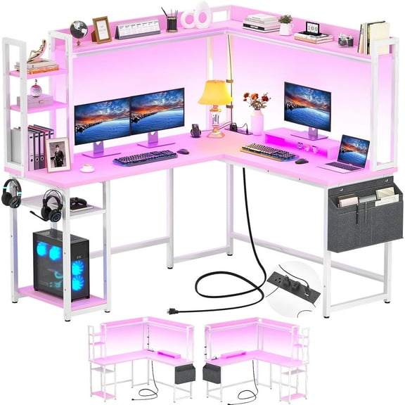 Aheaplus L Shaped Desk with Power Outlet, L Shaped Gaming Desk with Led Light & Hutch, Reversible Home Office Desk, Corner Computer Desk with Monitor Stand & Storage Shelves, Pink