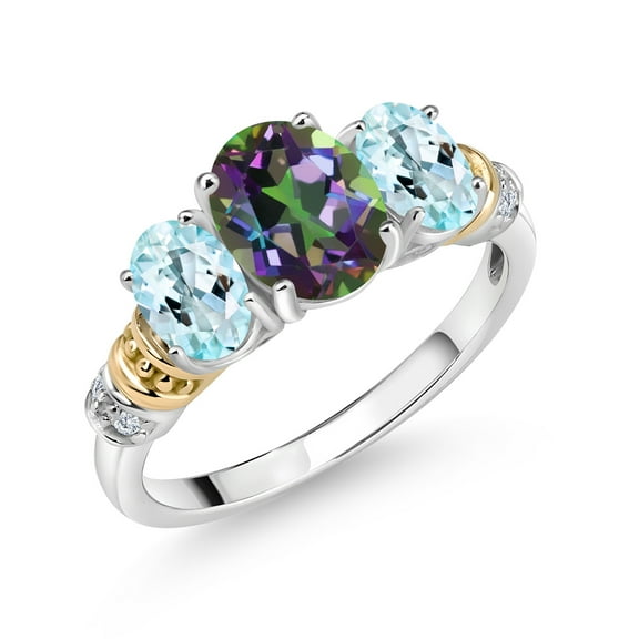 Gem Stone King 925 Sterling Silver and 10K Yellow Gold Oval Green Mystic Topaz Sky Blue Topaz and White Diamond 3 Stone Ring for Women (2.60 Cttw, Gemstone Birthstone, Size 8)