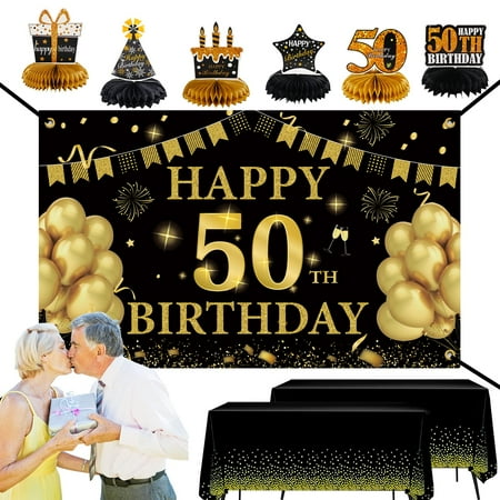 

50th Birthday Decorations Men Women 50th Black Gold Birthday Decoration Set: 1 Pcs 5.9 X 3.6 Ft Birthday Backdrop 2 Pcs 9 X 4.5 Ft Happy Birthday Tablecloth 6 Pcs Party Tabletop Decorations