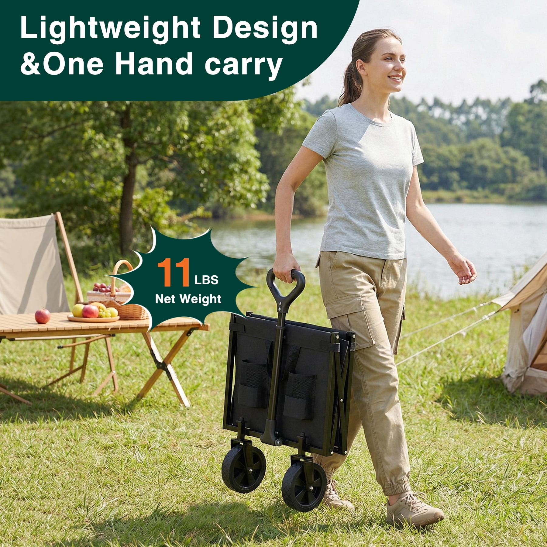 Favoyard 330lbs Collapsible Wagon with Extended Tailgate,All‑Terrain Wheels & Drink Holders for Garden Camping Beach, Black