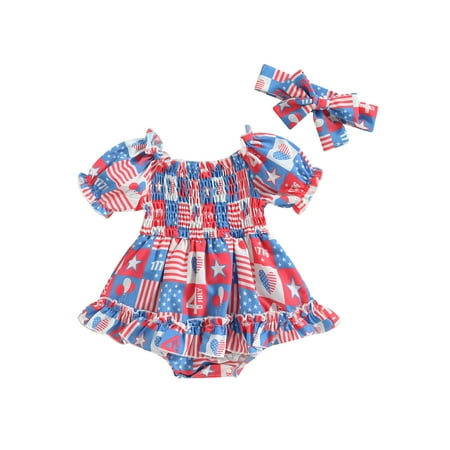 

jaweiwi Baby Toddler Girl 4th of July Romper Dresses Outfits 0 6M 12M 18M 24M Short Sleeve Frill Smocked Jumpsuit Dress with Headband for Independence Day