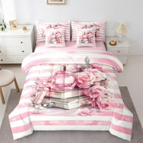 Manfei Romantic Flower Rose 7-Piece Twin Bedding Sets,Chic Women Perfume Bedding Comforter Set,Pink White Stripes Line Sheet Sets For Girl,Luxury Bedroom Decor Reversible