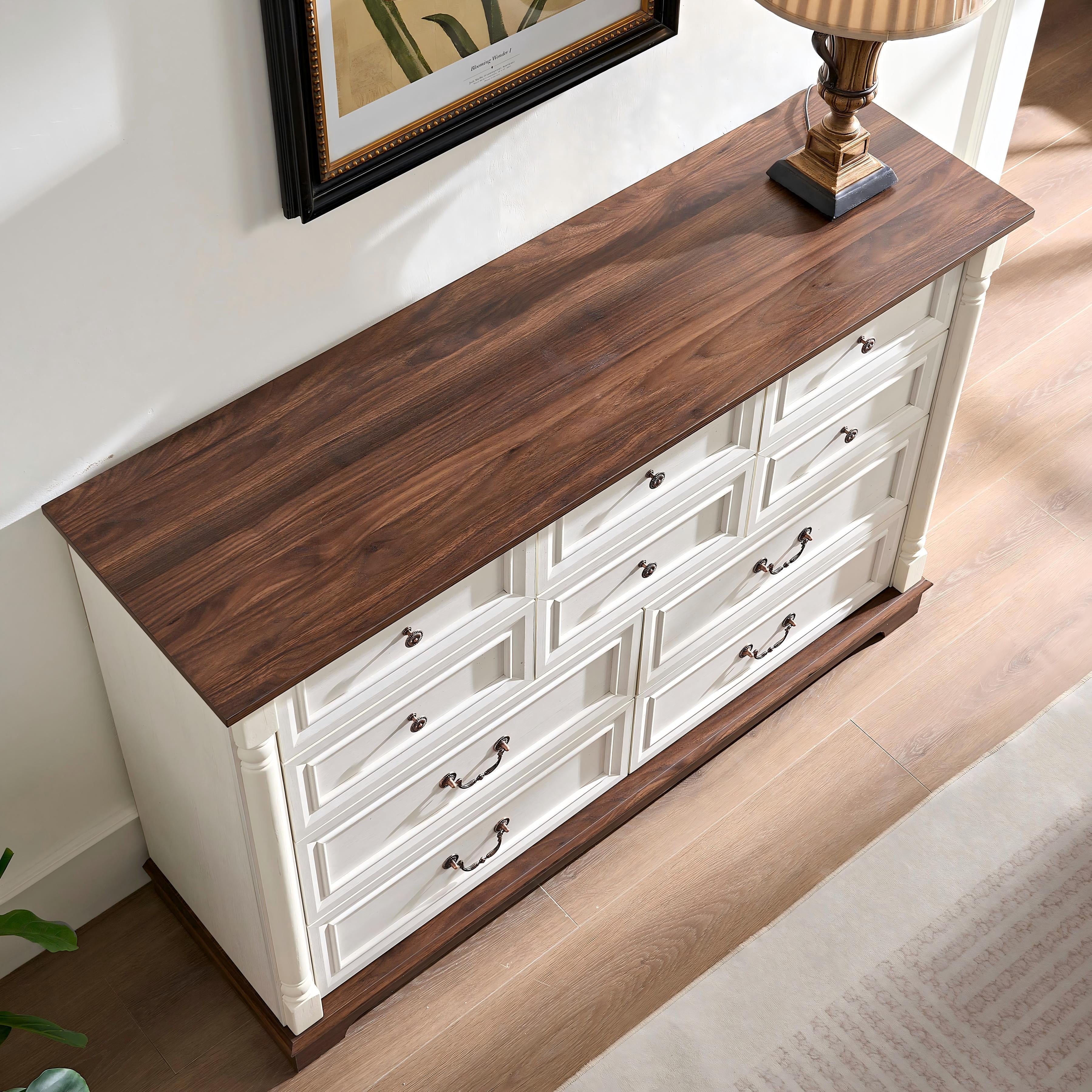 AENKYO 10-Drawer Wide Dresser, Extra Large Vintage Farmhouse Drawer Chest for Bedroom or Living Room, Antique White