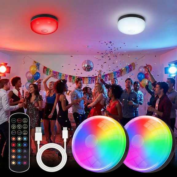 2-Pack RGB LED Ceiling Light with Remote, 16 Color Changing Flush Mount Ceiling Lamp, Dimmable Party Lights for Bedroom, Living Room, Party, Holiday Decor