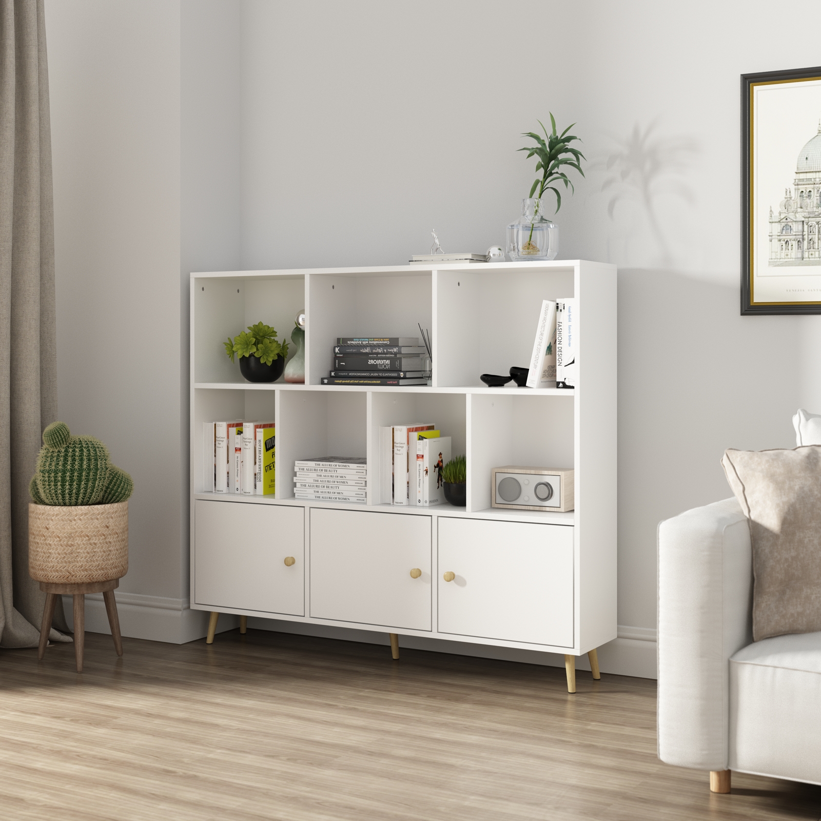 DiDuGo 7 Cube Bookcase with Door, 3Tier Storage Organizer with Open