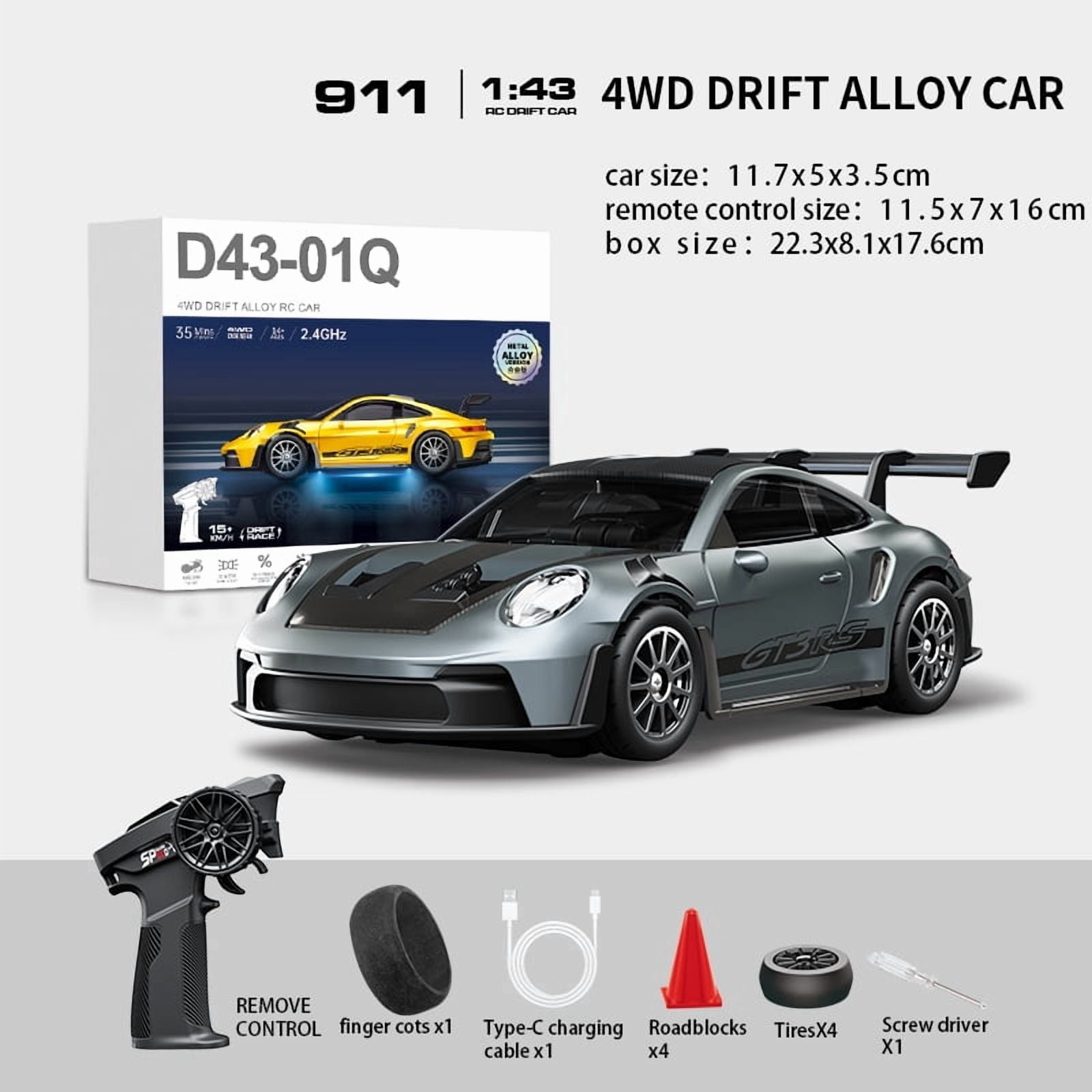D43-01 1:43 Scale 2.4G Full Proportional 4WD RC Drift Car with Gyro High Speed Alloy Chassis Silent Bearings Adjustable LED Lighting Remote Control Race Car