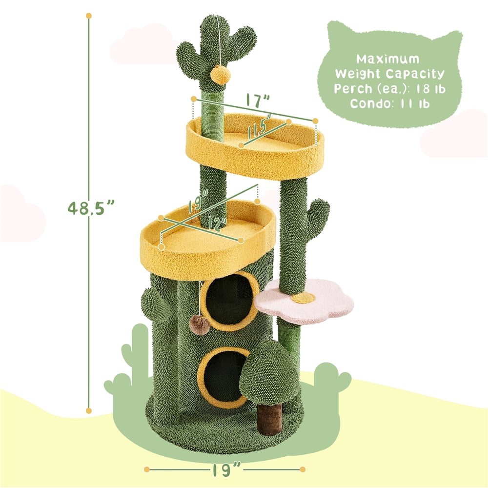 Yaheetech 48.5″ H Oasis-themed Cat Tower with Condos, Perches & Scratching Posts, Green/Yellow