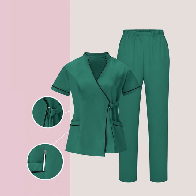 Women's Nurses Sets Classic V-Neck Scrubs Tops & Stretchy Pants Work Uniform Set Green M