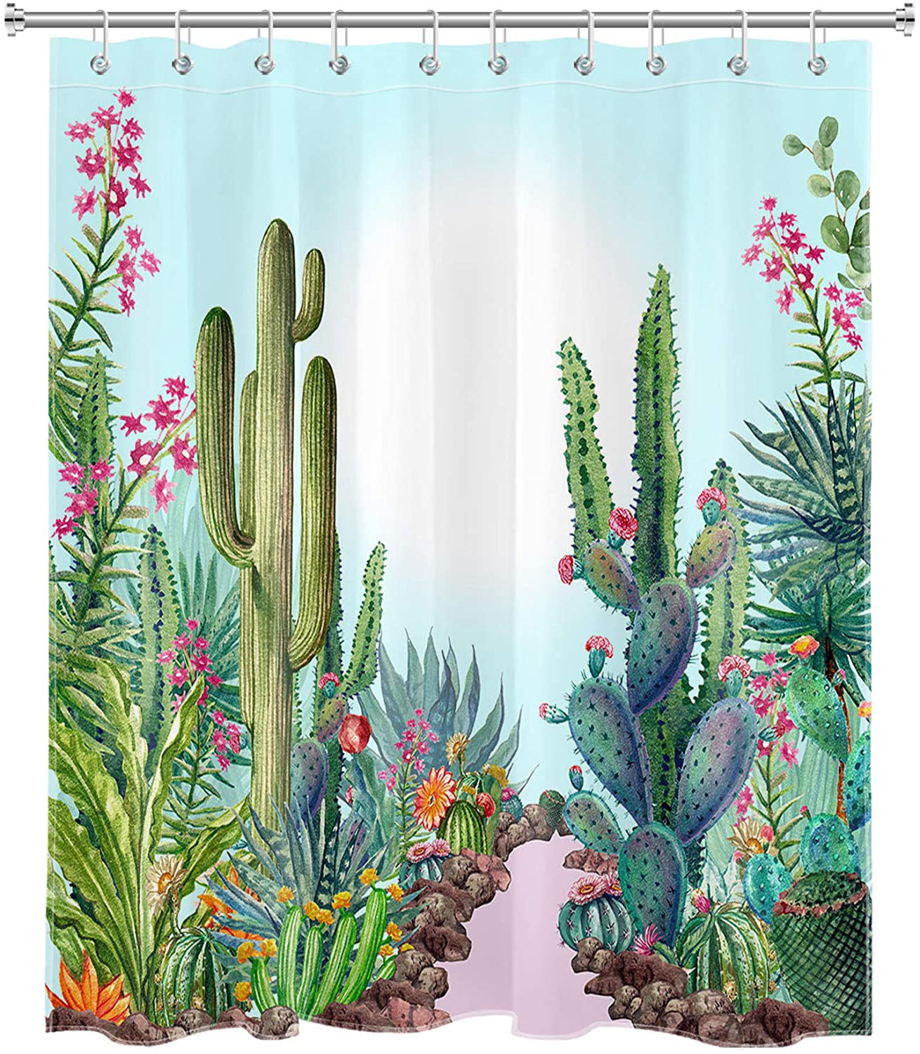 60x72" Watercolor Prickly Cactus Flowers Pattern Fabric Shower Curtain Set Hooks 