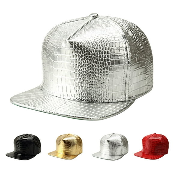 Unisex Crocodile Baseball Caps PU Leather Adjustable Hip Hop Flat Brim Hats Snapback (Silver)