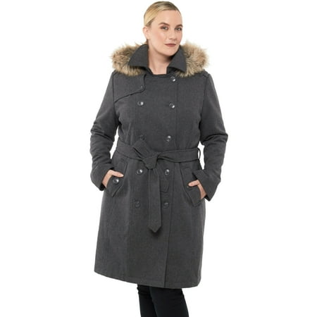 Black Peacoat - Alpine Swiss Womens Parka Trench Pea Coat Belt Jacket Fur Hood Reg & Plus Sizes
