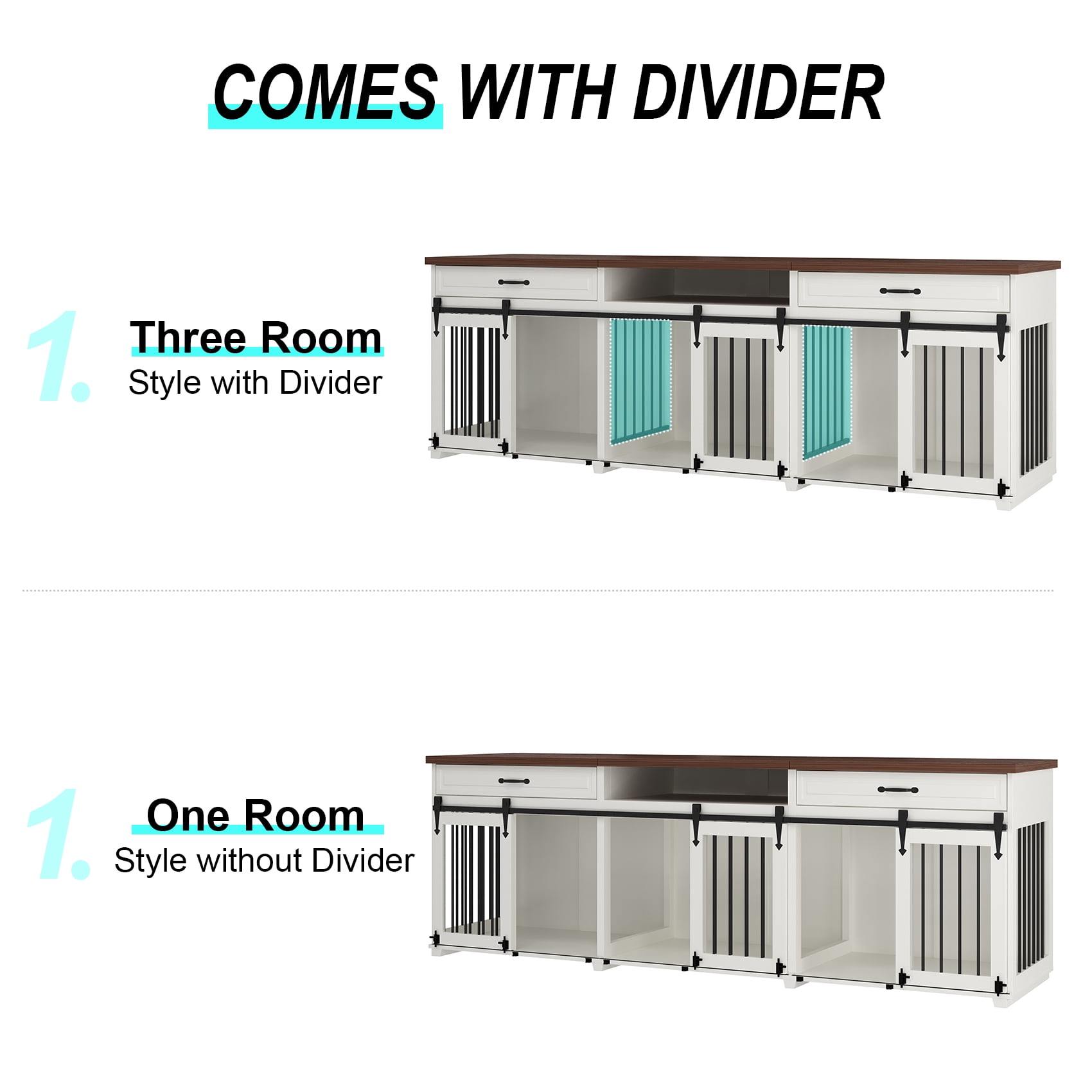 Dog Crate Furniture - Indoor Wooden Farmhouse Large Dog Kennel Fureniture for 3 Dogs, with Sliding Barn Doors, 2 Drawers & 1 Shelf, 95" Lx23.6 Wx31.5 H, White