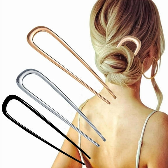 U-Shaped French Hairpin Hair Pin Prongs Updo Chignon Pins Large Metal Hairpins Sticks Hair Accessories For Women Girls Hair Styling, Gold   Silver  Black , 3 Pieces